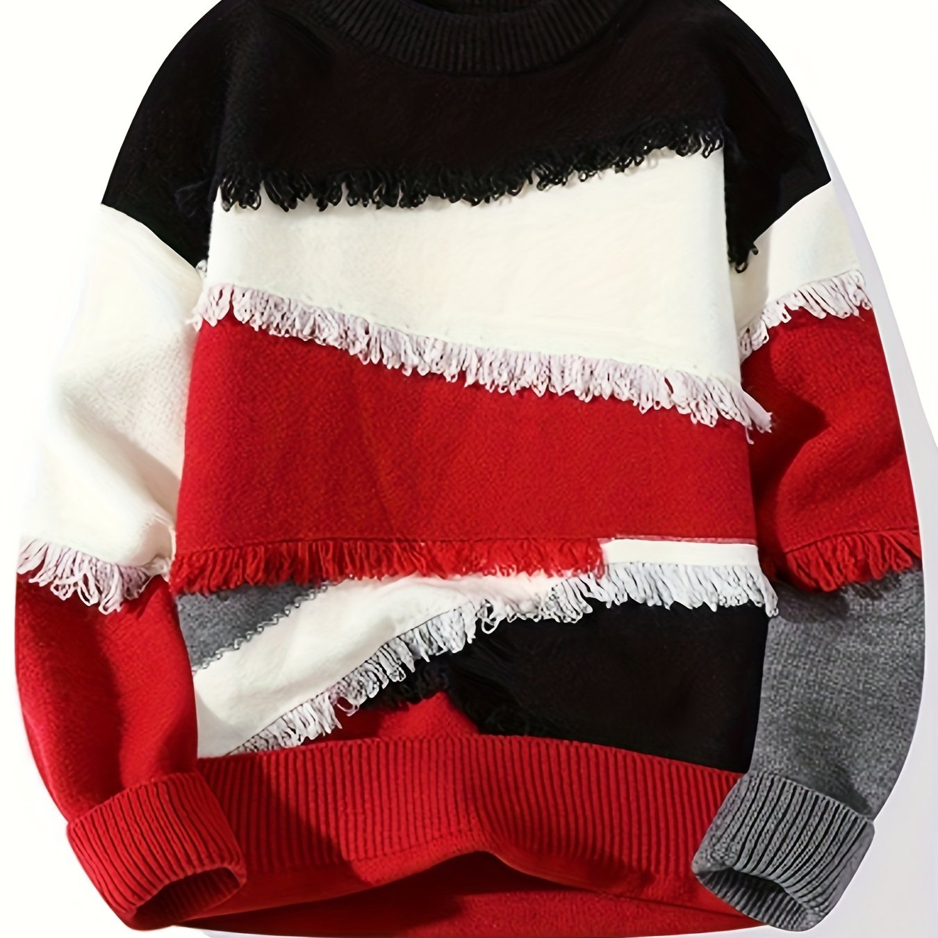 Pullover tricoté effiloché à blocs de couleurs pour hommes, pull décontracté à col rond à manches longues et haute élasticité pour l'automne et l'hiver