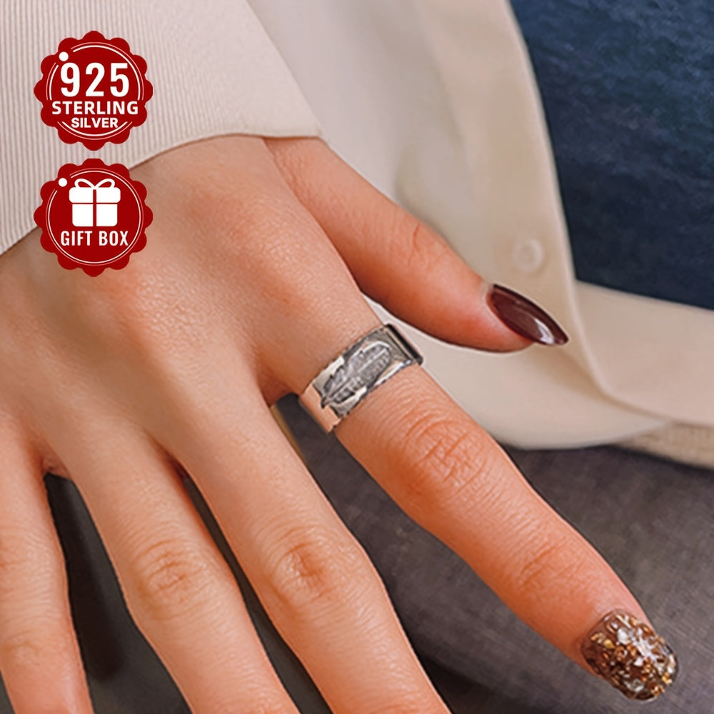 1PCS925 Sterling Silver Low Sensitivity Wide Edition Heavy Work Texture Feather Imprint Open Ring Hip Hop Retro Style For Rock Party Bundy Men's Women's Universal Couple Ring (about 5.6g)