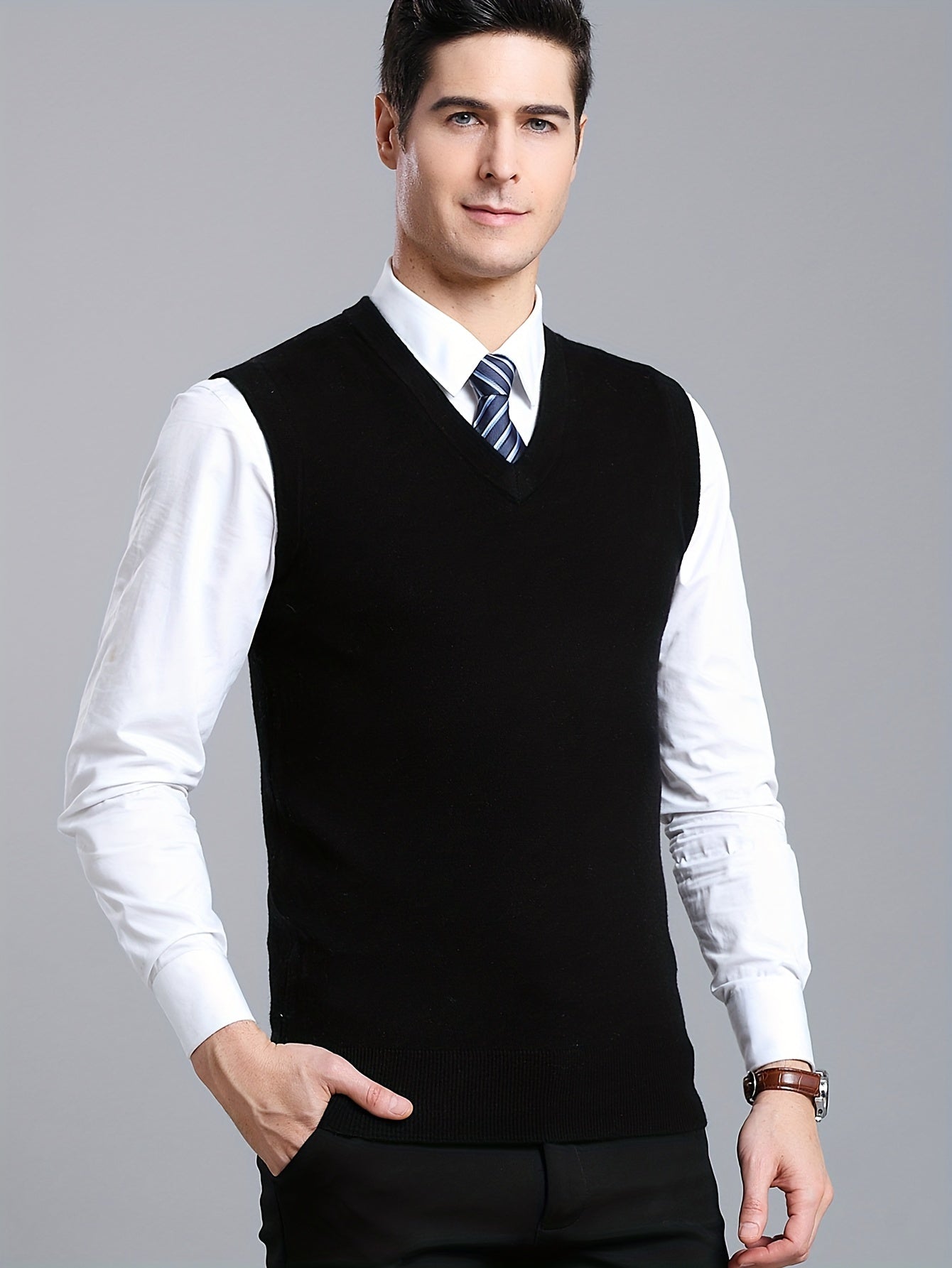 Gilet Homme Sans Manches en Laine Stretch - Texture Côtelée Élégante, Tricot Chaud pour Tenue Décontractée et Golf, Anniversaire - Noir