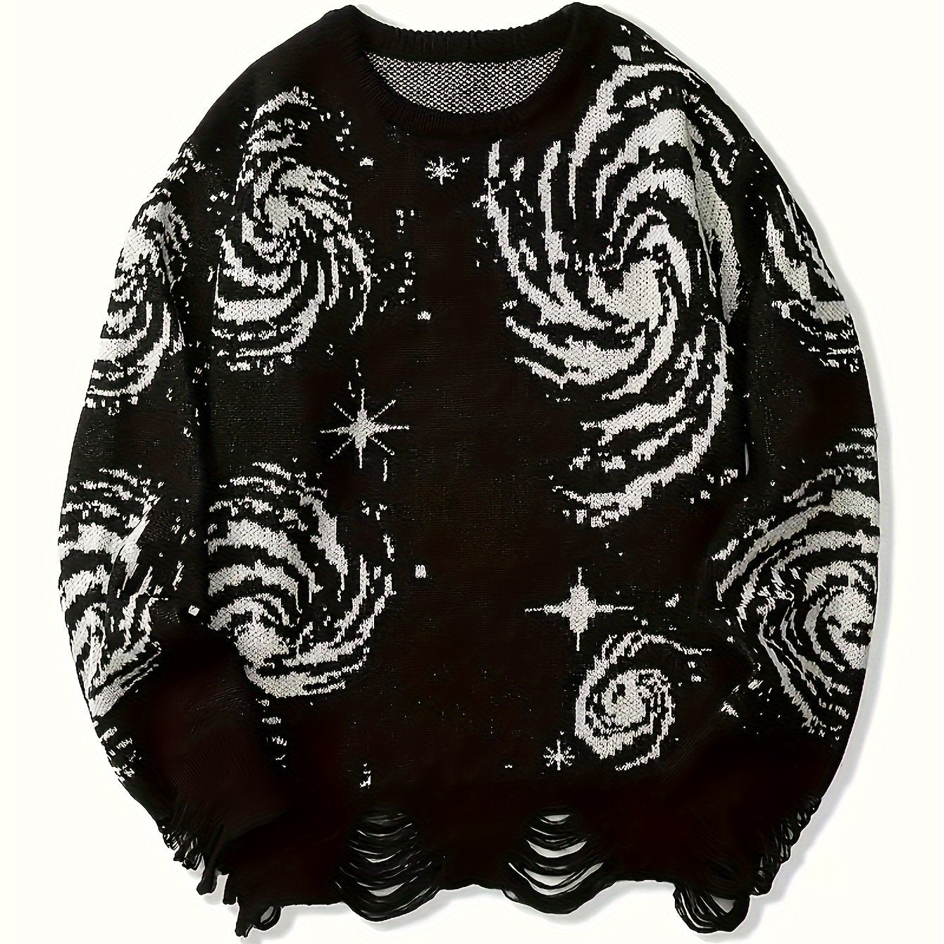 Pull-over Décontracté Homme Grande Taille Col Rond Tricoté Motif Ciel Étoilé à Ourlet Effet Détaché avec Franges, Univers en Stretch Chaud - PLUS SIZE