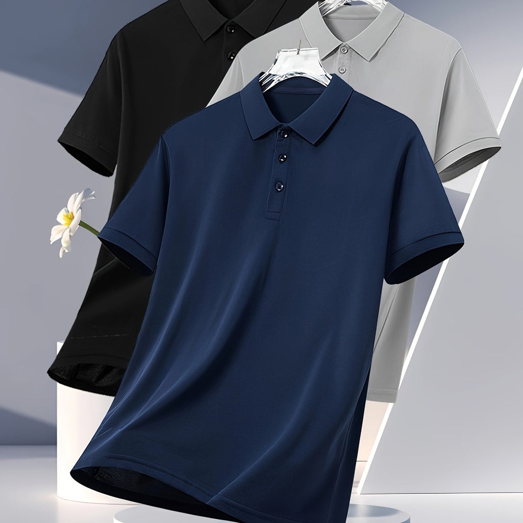 3pcs Men's Casual Shirts - Breathable Polyester, Button-Up, Short Sleeve in Black, White, & Navy - Ideal for Summer Sports & Leisure