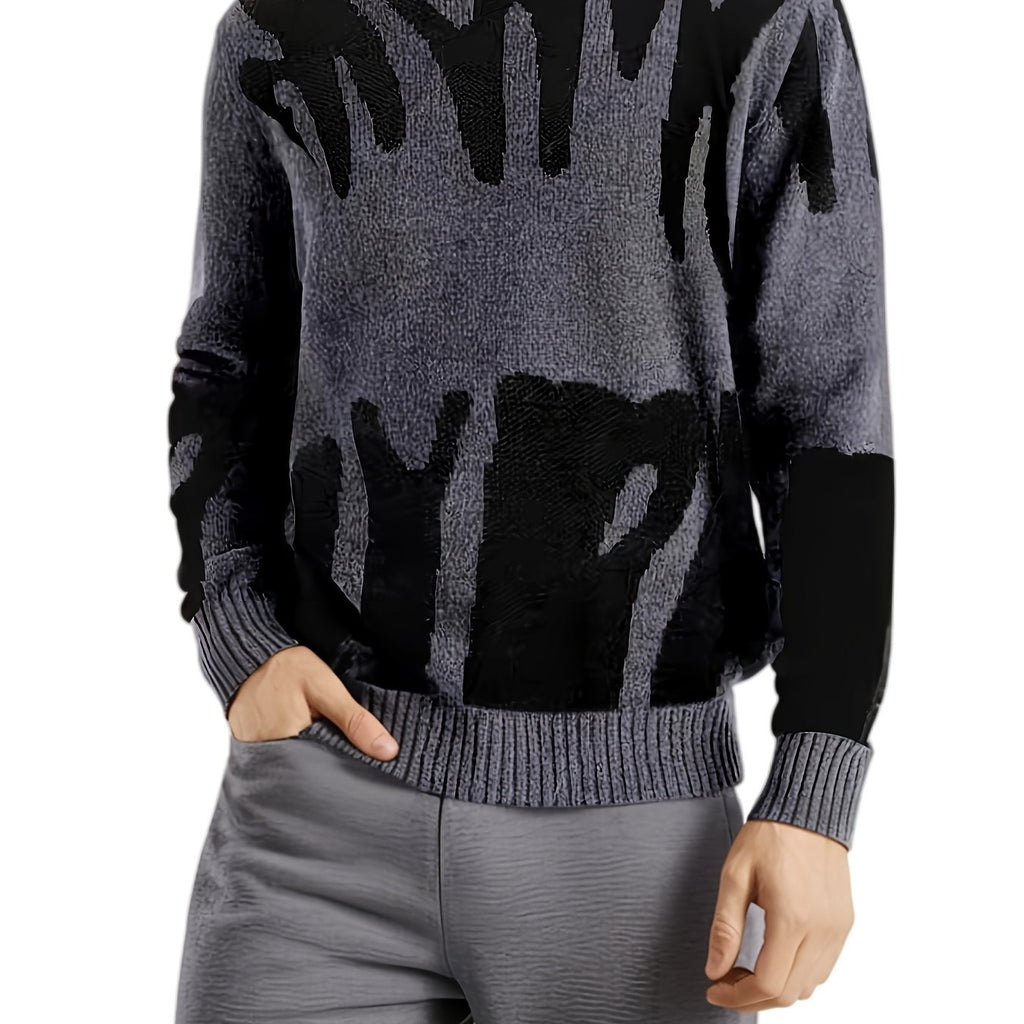 Pull décontracté à col rond pour homme, motif géométrique en tricot, 100 % polyester, légèrement extensible, coupe standard pour l'automne\u002Fhiver, épais