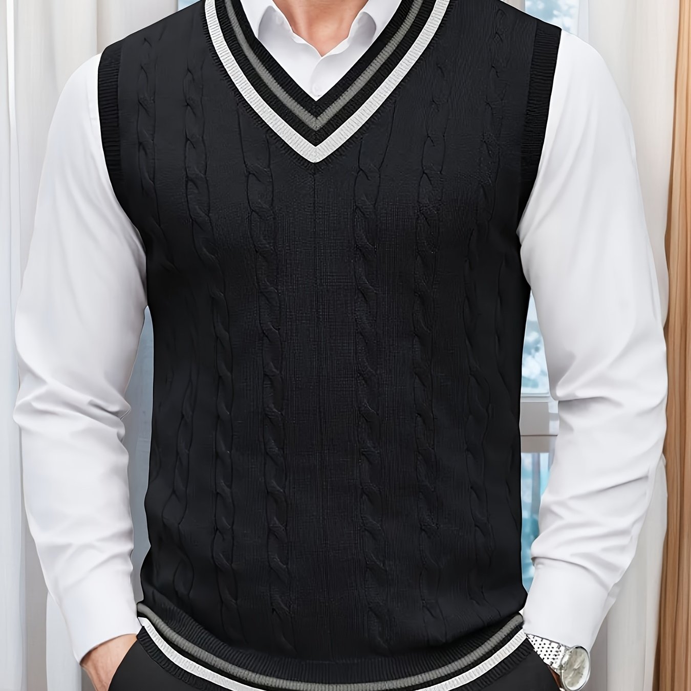 Gilet Homme Sans Manches Col en V Tricoté, Design Décontracté et Rétro, Idéal pour l'Automne et l'Hiver, Parfait pour un Look Décontracté et Sophistiqué en Toute Occasion