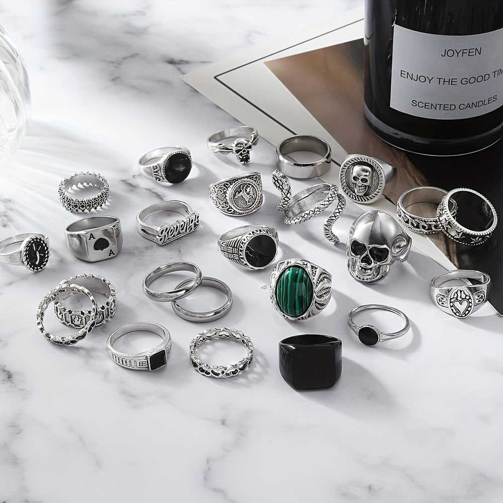 24pcs Silvery Vintage Men's Ring Set with Skull and Heart Snake Gothic Style Rings