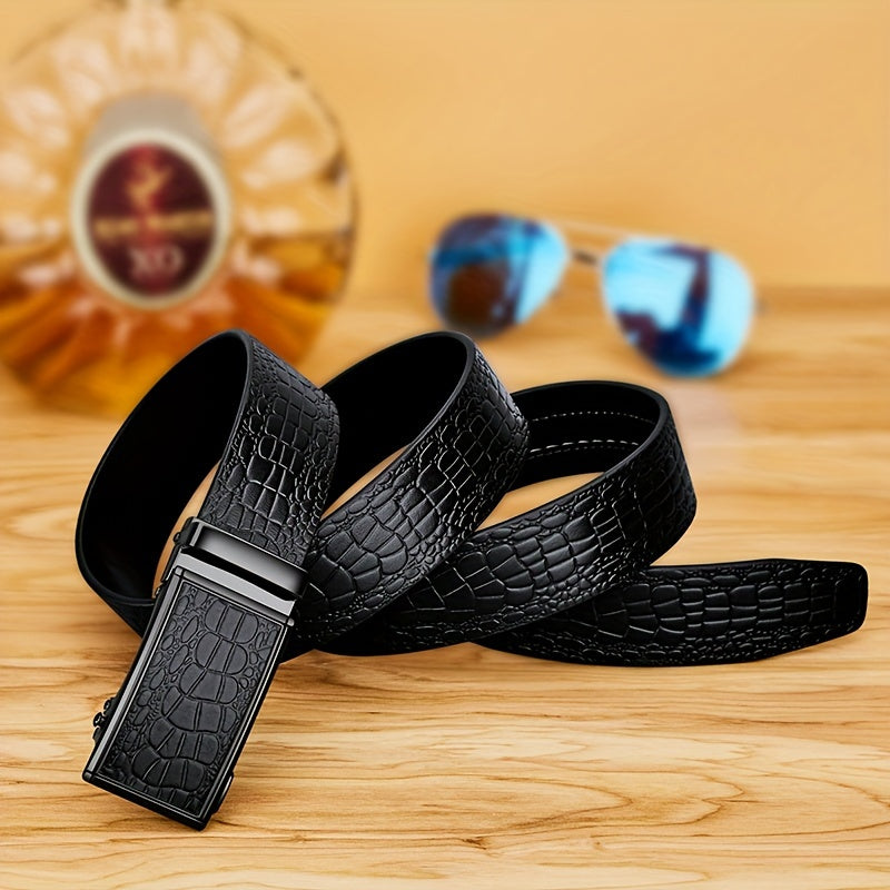 Ceinture en Cuir Véritable pour Homme WilliamPOLO avec Boucle Automatique, Ceinture Noire Ajustable pour Tenue Décontractée d'Affaires