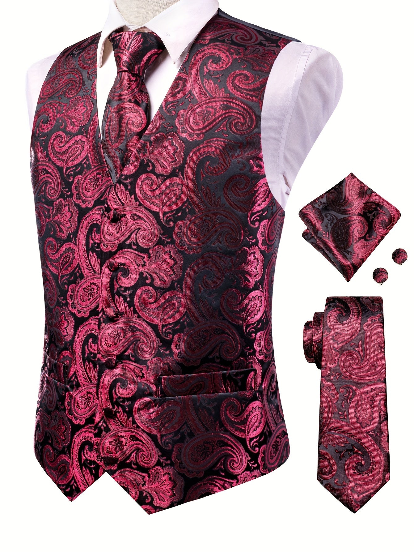 Gilet élégant en jacquard cachemire pour homme avec cravate + mouchoir + boutons de manchette pour mariage\u002Foccasions spéciales