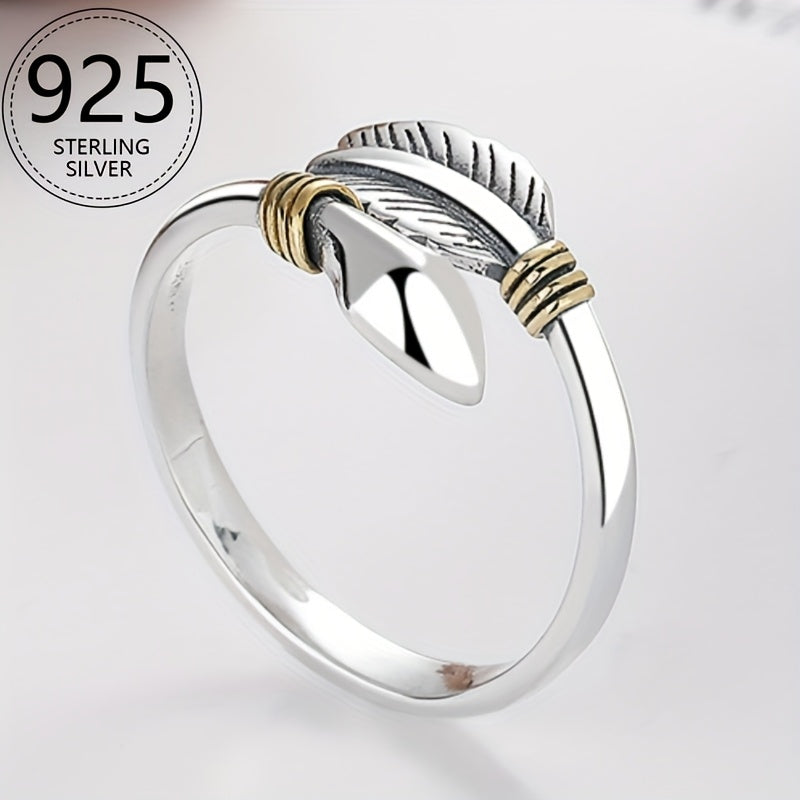 XKV Brand 925 Sterling Silvery Vintage Arrow Feather Design Open Ring, Street Style Fashion Elegant Adjustable Band, Unique Antique Finish, Gift for Girlfriend, Approx 3g