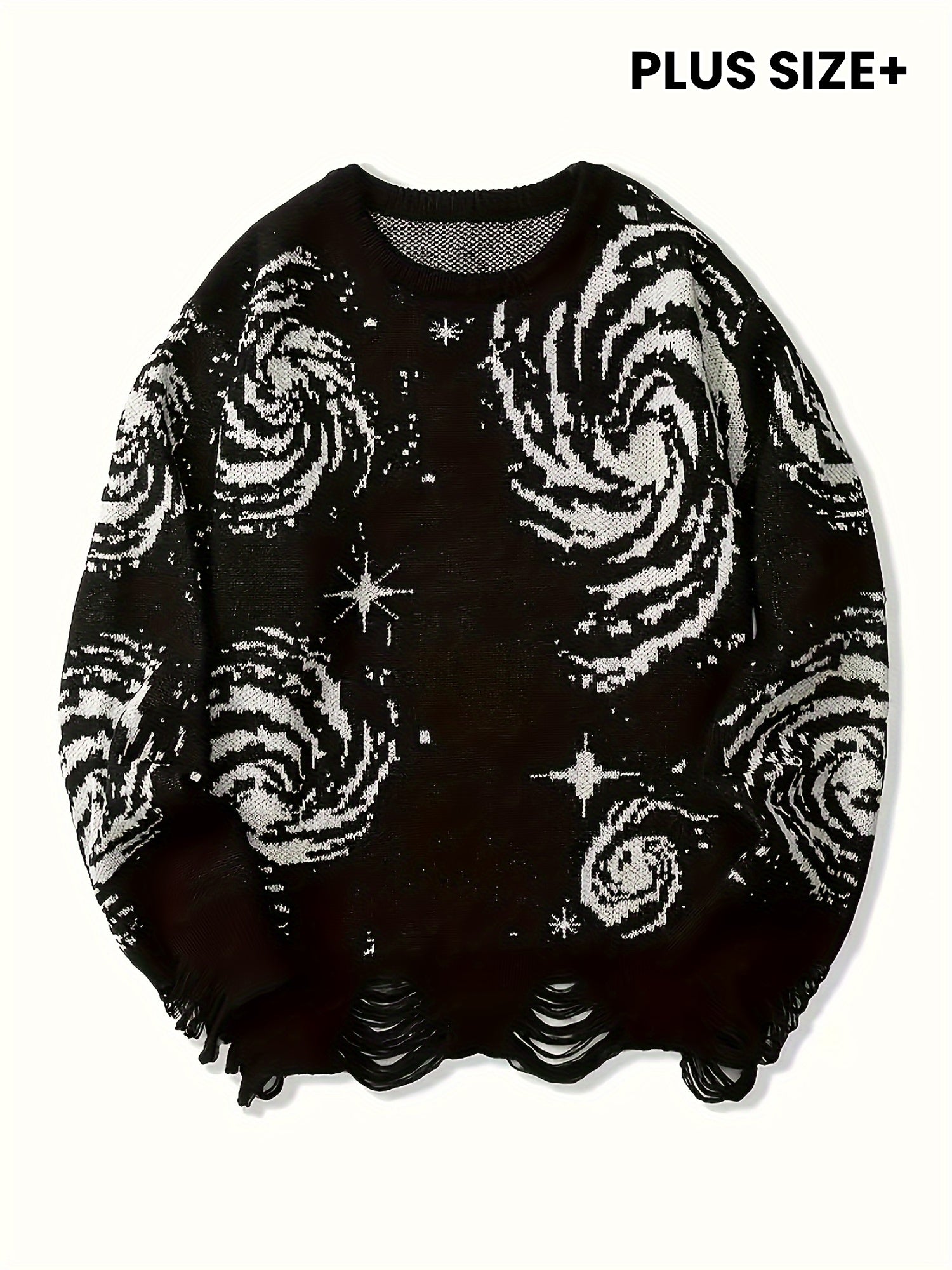 Pull-over Décontracté Homme Grande Taille Col Rond Tricoté Motif Ciel Étoilé à Ourlet Effet Détaché avec Franges, Univers en Stretch Chaud - PLUS SIZE