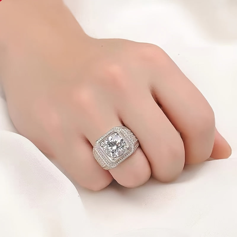 1 Carat Moissanite Engagement Ring for Men, Elegant 925 Silvery Plated Faux Diamond Band, Hip Hop Style, Single Ring Jewelry