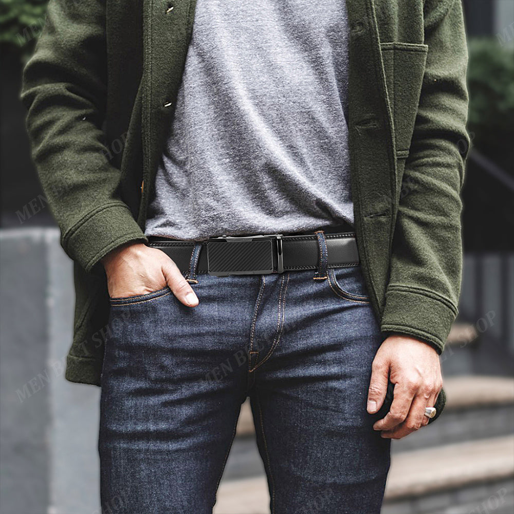 2pcs Ceintures en Cuir de Qualité Supérieure pour Hommes - Longueur Réglable, Durable avec Boucle Automatique, Finition Texturée - Idéales pour le Port Affaires & Décontracté en Noir, Marron Foncé & Fibre de Carbone Noire, Ceinture en Cuir