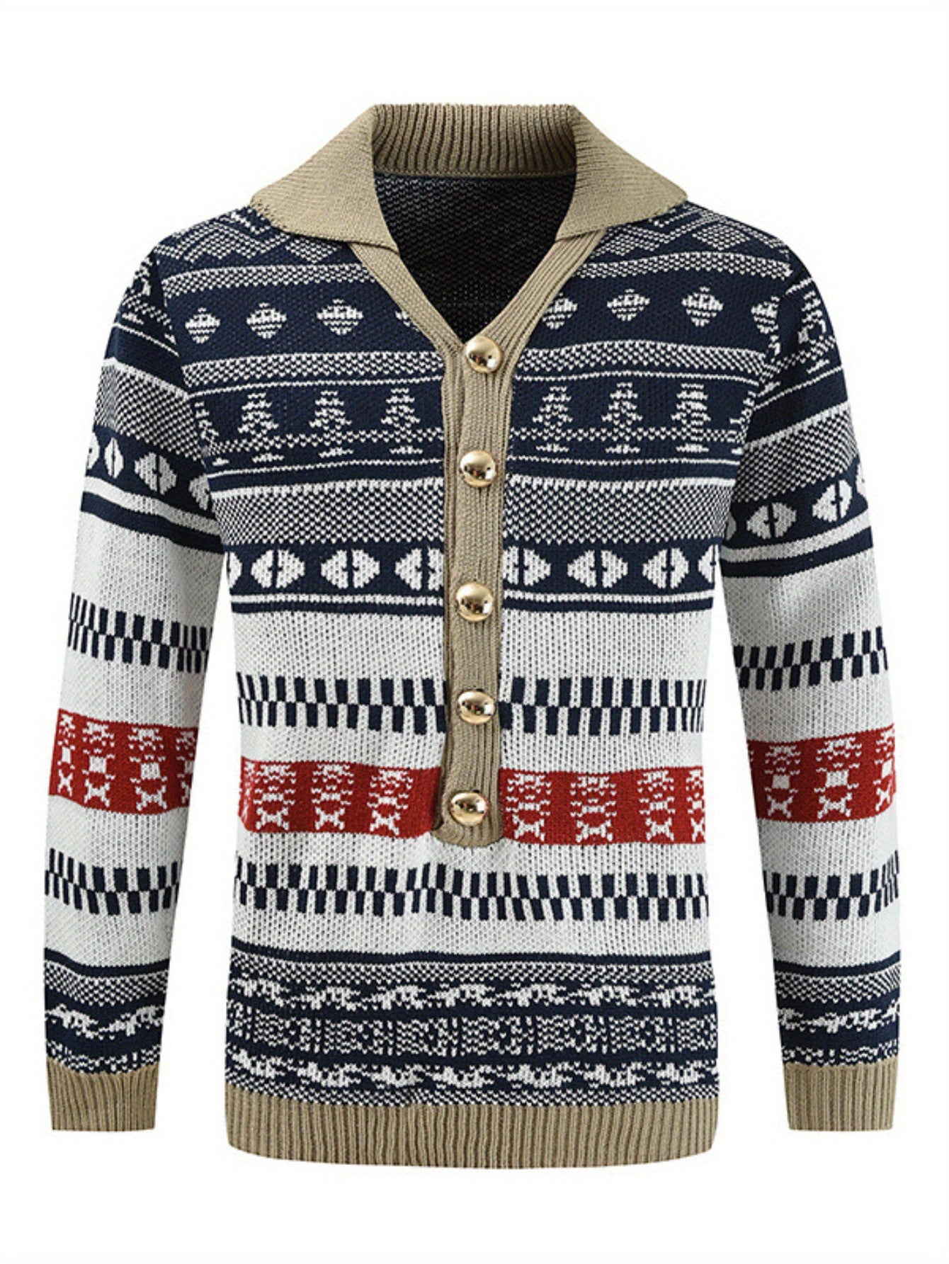 Pull à manches longues décontracté pour homme - Bleu marine avec motif de vacances, coupe ample, col rond, mélange de polyester, vêtements d'automne et d'hiver, pull de vacances | Cardigan à motif | Mélange de polyester, tricot