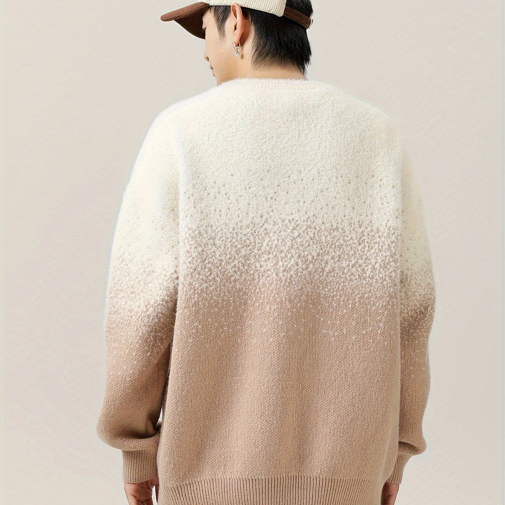 Pull à col rond dégradé casual pour homme - Tissu tricoté 100% polyester avec légère élasticité, modèle décontracté pour l'automne\u002Fhiver - Chaleureux style de rue japonais gradient
