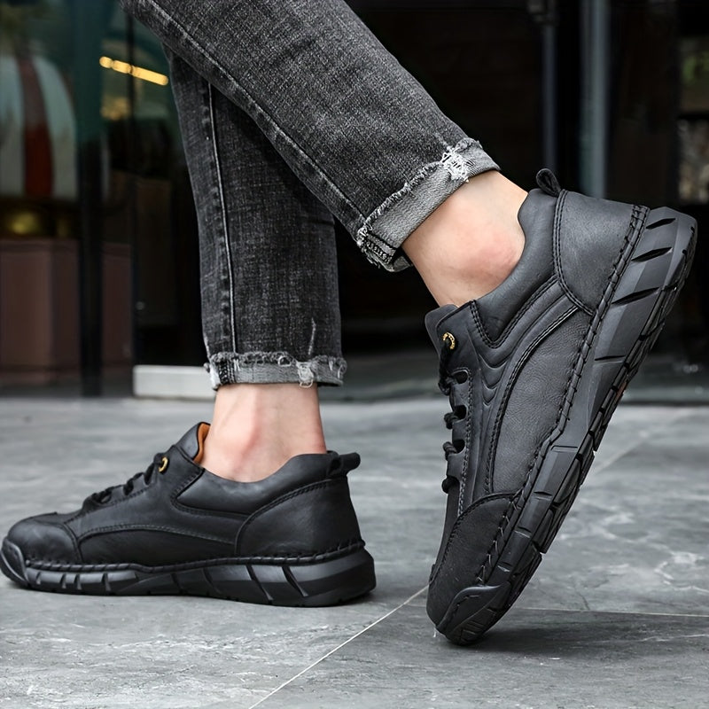 Men's Genuine Leather Business Casual Sports Shoes - Low-Top Lace-Up Design with Rubber Sole, All-Season Comfort for Office, Gym & Daily Wear, Versatile Footwear, Sleek Shoe Design, Comfortable Interior Lining