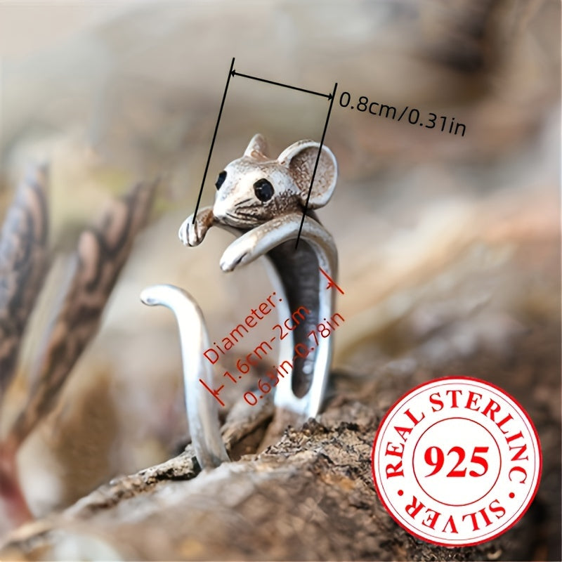 3.5g 925 Sterling Silvery Retro Boho Mouse Design Adjustable Ring for Men and Women, Party Vacation Hip-Hop Trendy Accessory