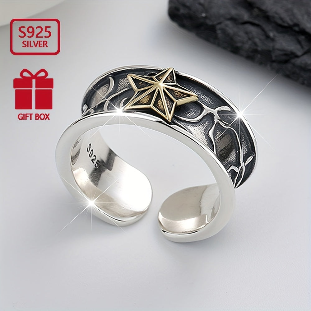 1pc s925 Pure Silver Retro Neutral Water Ripple Set with Copper Stars Thai Silver Ring, Punk Trendy Ring for Men and Women, Suitable for Parties, Approx. 7.4g
