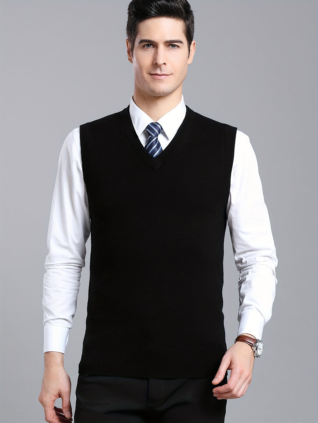 Gilet Homme Sans Manches en Laine Stretch - Texture Côtelée Élégante, Tricot Chaud pour Tenue Décontractée et Golf, Anniversaire - Noir