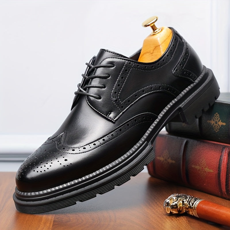 Men's Genuine Leather Business Casual Shoes - Breathable Low-Top Lace-Up Formal & Semi-Formal Footwear with Thick Rubber Sole, Pointed Toe, Black for Office & Casual Wear