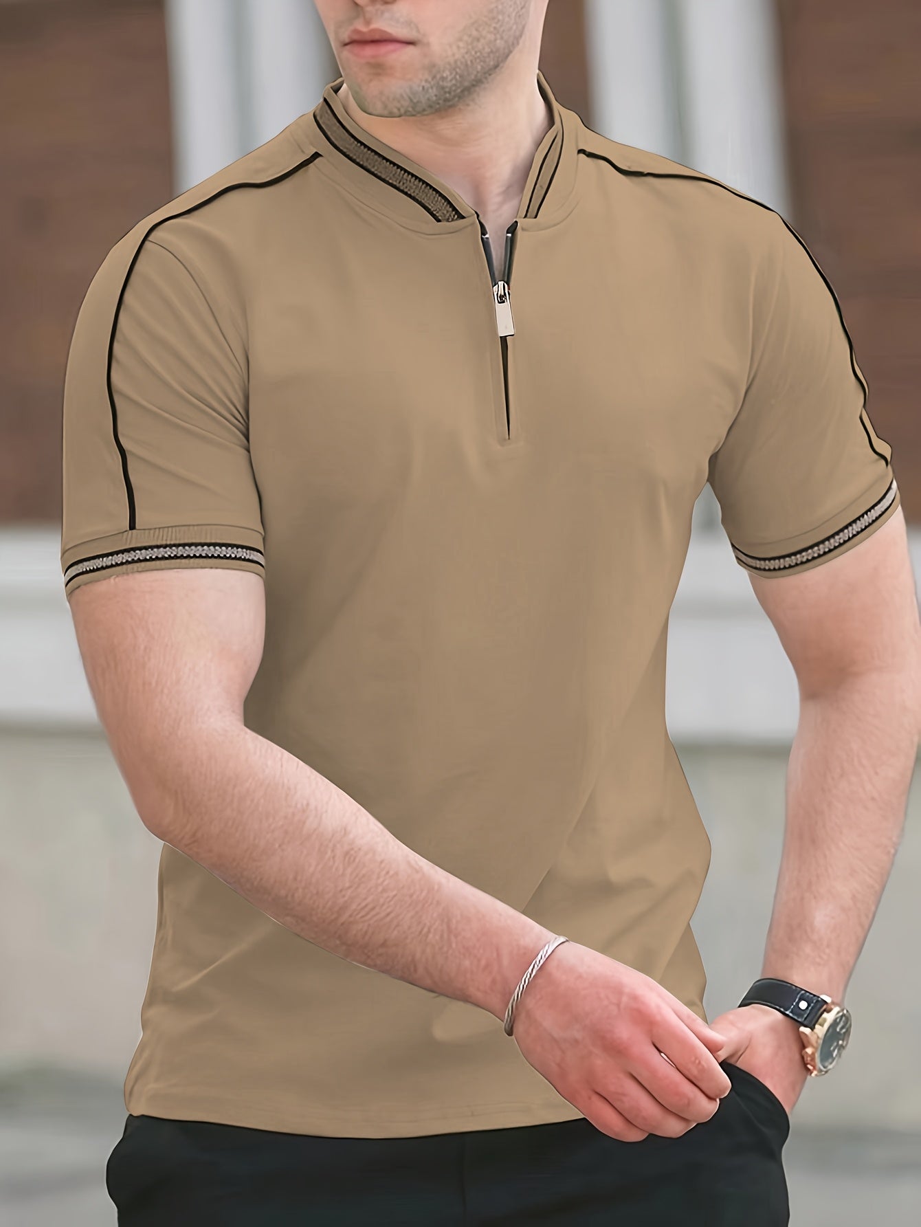 Men'S Casual Short Sleeve Polo Shirt - Beige with Black Side Stripes, Comfortable Breathable Fabric, Mandarin Collar, Zipper Detail, Perfect for Sports, Outdoor Activities & Casual Wear, Sports Casual Wear | Minimalist Design | Comfortable Fit