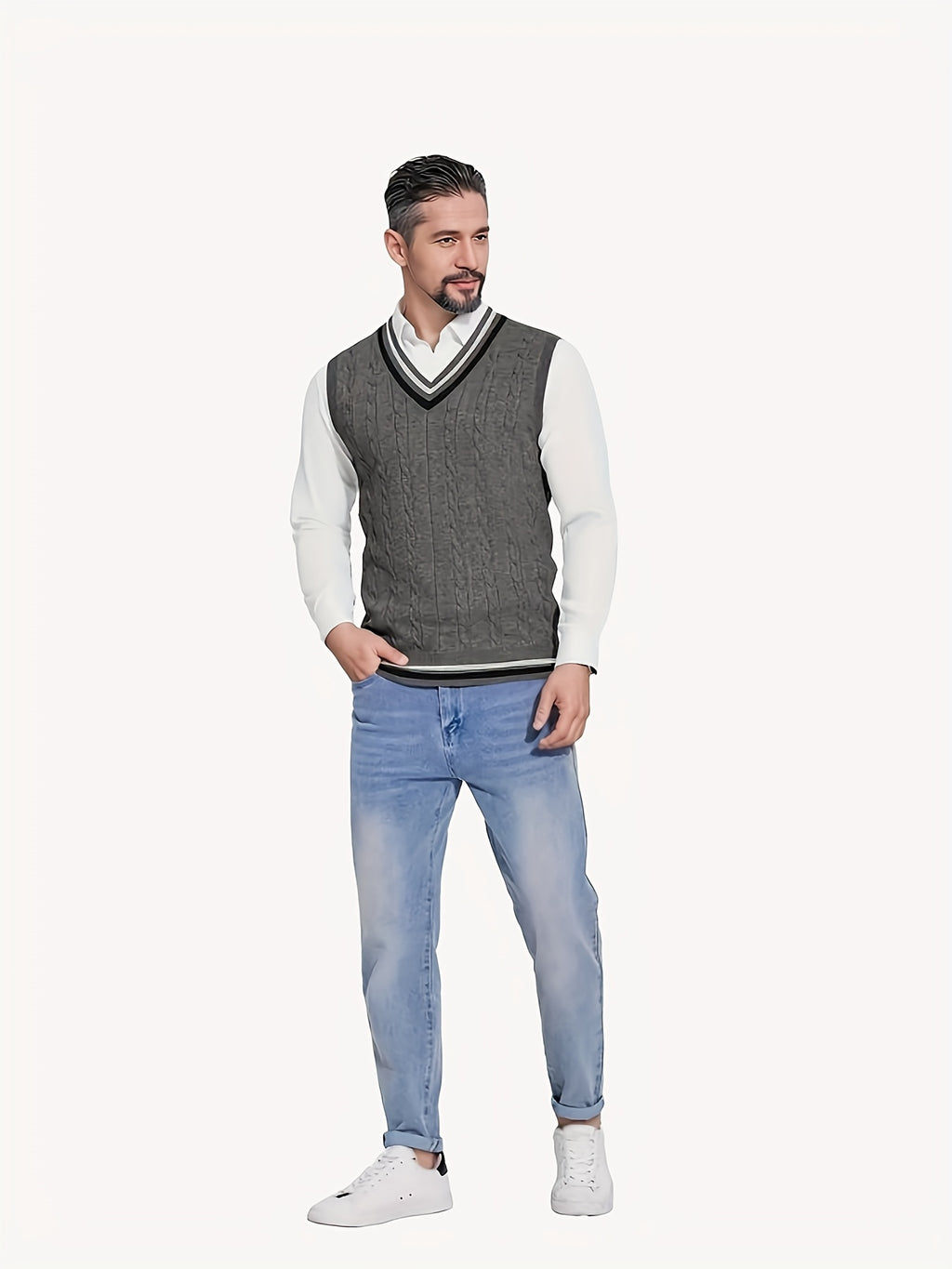 Gilet Homme Sans Manches Col en V Tricoté, Design Décontracté et Rétro, Idéal pour l'Automne et l'Hiver, Parfait pour un Look Décontracté et Sophistiqué en Toute Occasion