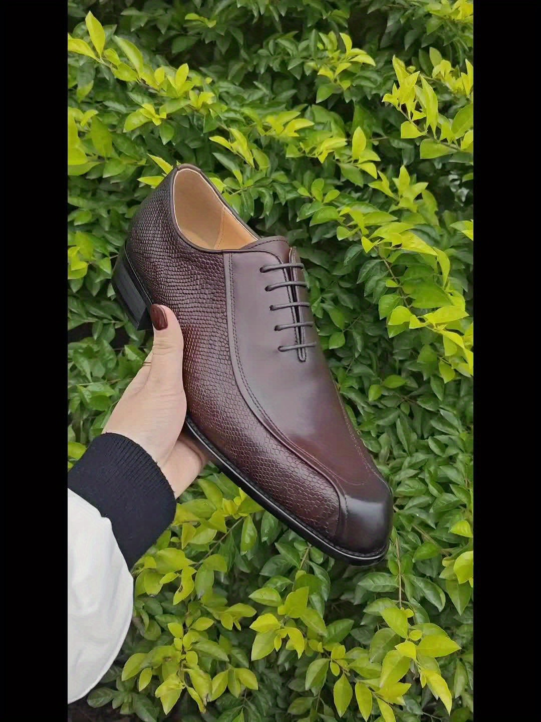 Men's Solid Colour Top Grain Cow Leather Upper Plain Toe Oxford Shoes, Comfy Non Slip Lace Up Rubber Sole Dress Shoes