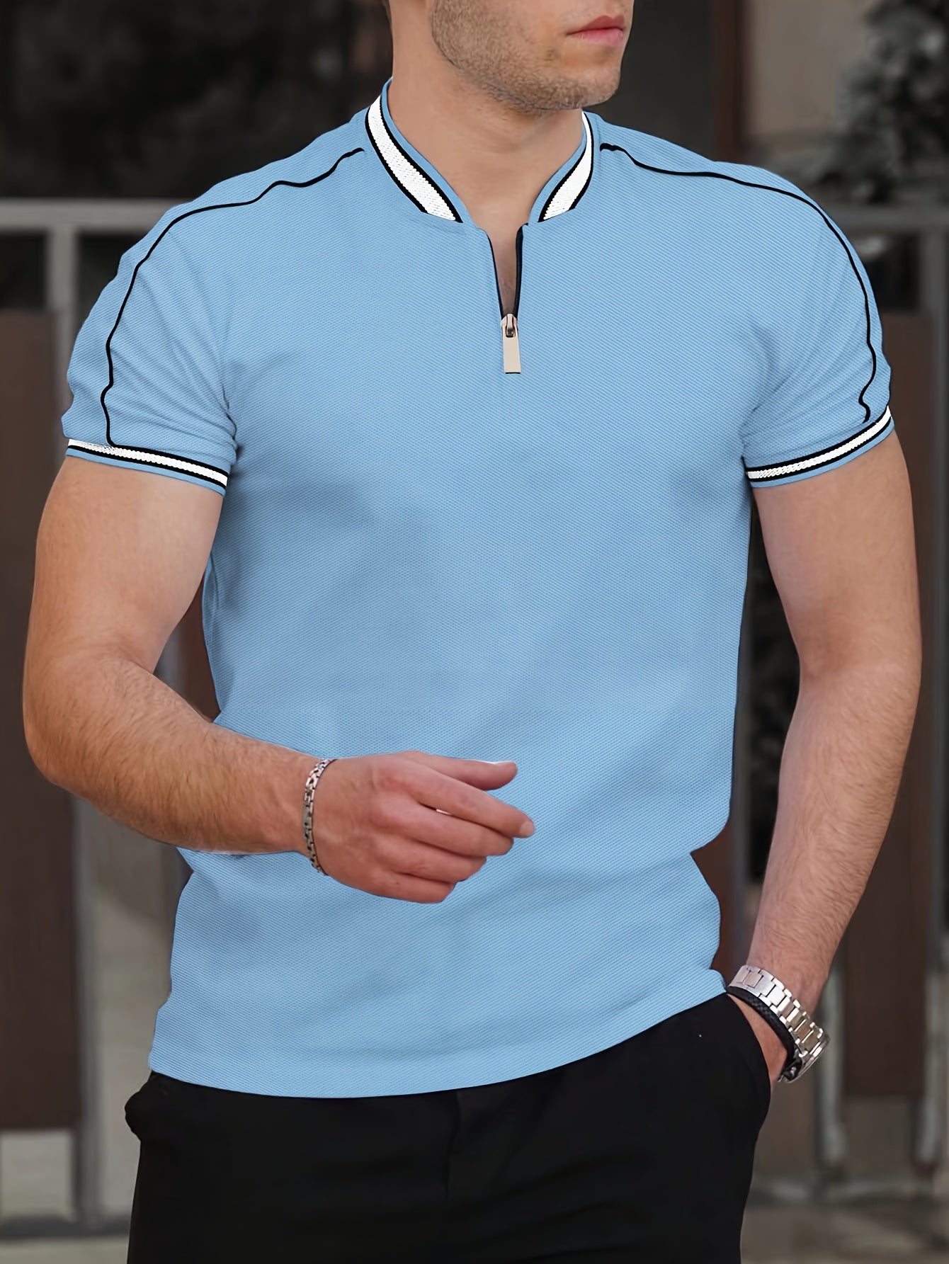 Men's Casual Short Sleeve Shirt - Breathable Moisture-Wicking Fabric, Stand Collar with Contrast Inlaid Lines & Half-Zipper Front, Sporty Solid Color Design for Summer Outdoor Sports & Casual Wear, Active Lifestyle Apparel, Comfortable Fit