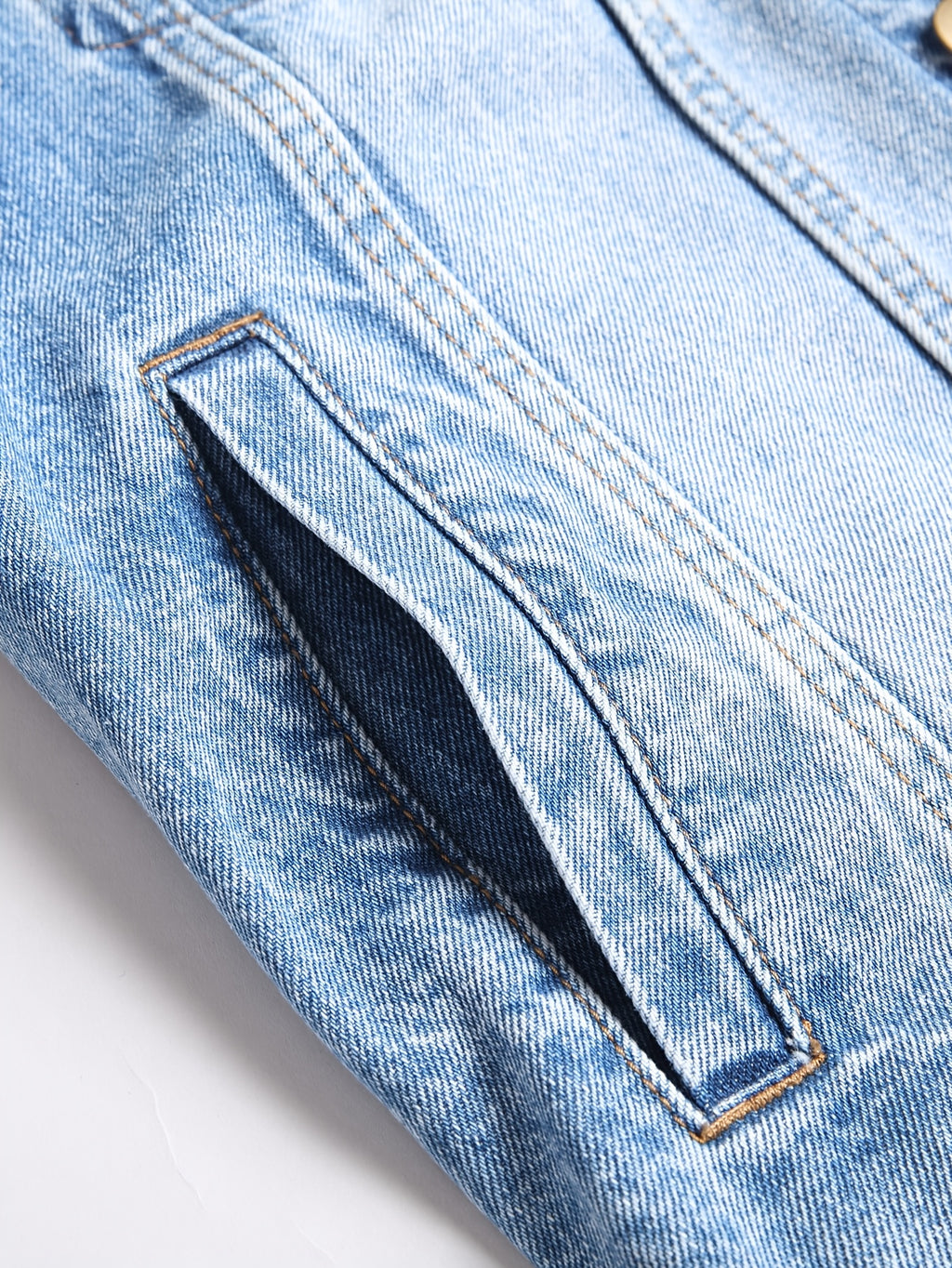 Veste en jean décontractée pour homme, mélange de coton, non extensible, couleur unie, sans manches, col à revers, coupe standard, tissée avec détails de poches