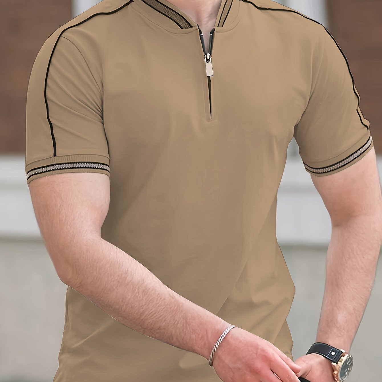 Men'S Casual Short Sleeve Polo Shirt - Beige with Black Side Stripes, Comfortable Breathable Fabric, Mandarin Collar, Zipper Detail, Perfect for Sports, Outdoor Activities & Casual Wear, Sports Casual Wear | Minimalist Design | Comfortable Fit
