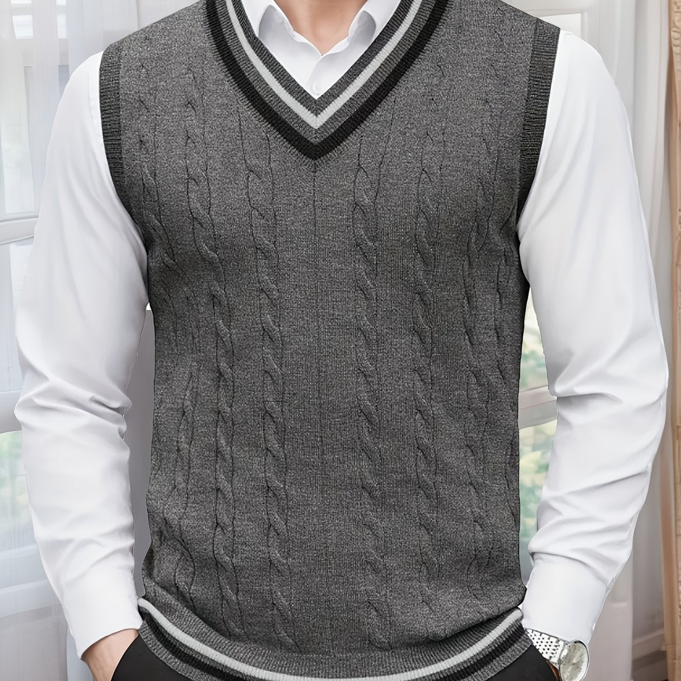 Gilet Homme Sans Manches Col en V Tricoté, Design Décontracté et Rétro, Idéal pour l'Automne et l'Hiver, Parfait pour un Look Décontracté et Sophistiqué en Toute Occasion