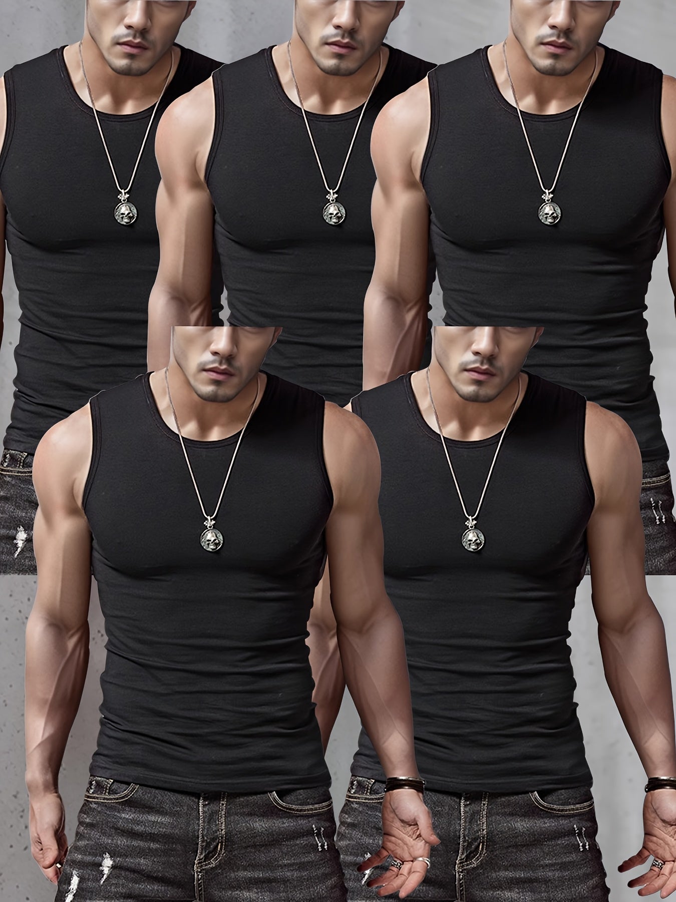 5 débardeurs pour hommes à larges épaules - Noir, Gris, Blanc - Sans manches, respirant, col rond - Pour le sport et le fitness