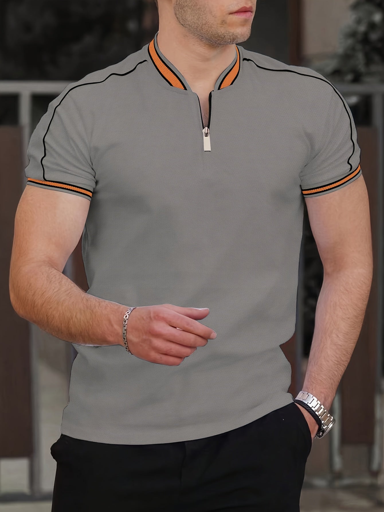 Men's Casual Short Sleeve Shirt - Breathable Moisture-Wicking Fabric, Stand Collar with Contrast Inlaid Lines & Half-Zipper Front, Sporty Solid Color Design for Summer Outdoor Sports & Casual Wear, Active Lifestyle Apparel, Comfortable Fit