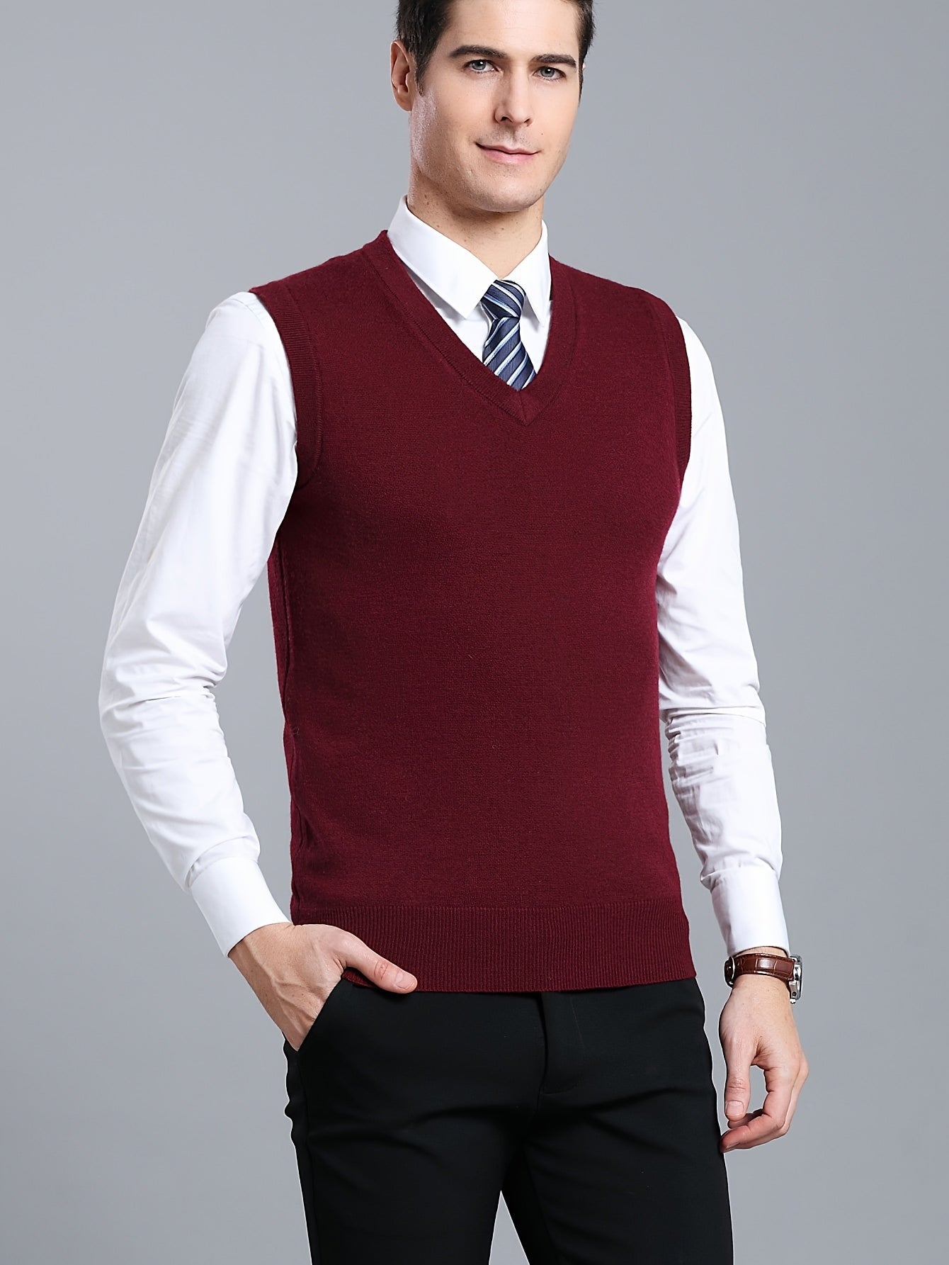 Gilet Homme Sans Manches en Laine Stretch - Texture Côtelée Élégante, Tricot Chaud pour Tenue Décontractée et Golf, Anniversaire - Noir