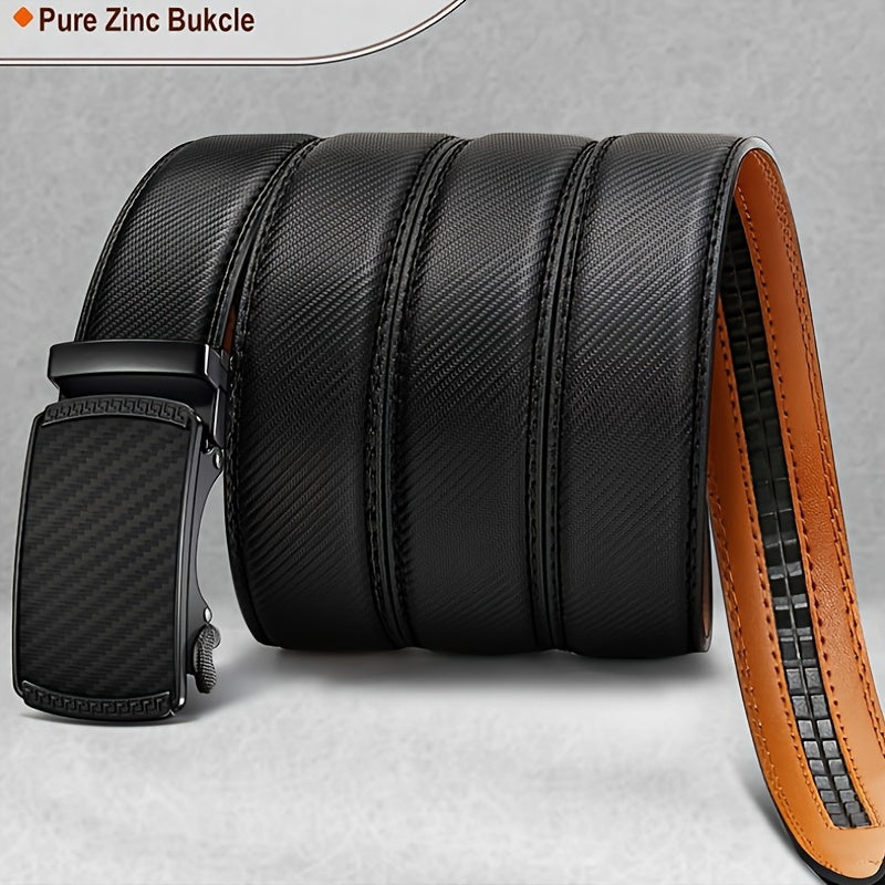 Ceinture en Cuir Véritable pour Homme Castle Korin - Noire Élégante avec Texture en Fibre de Carbone, Largeur Ajustable de 35mm, Boucle Automatique en Alliage pour Affaires ou Tenue Décontractée