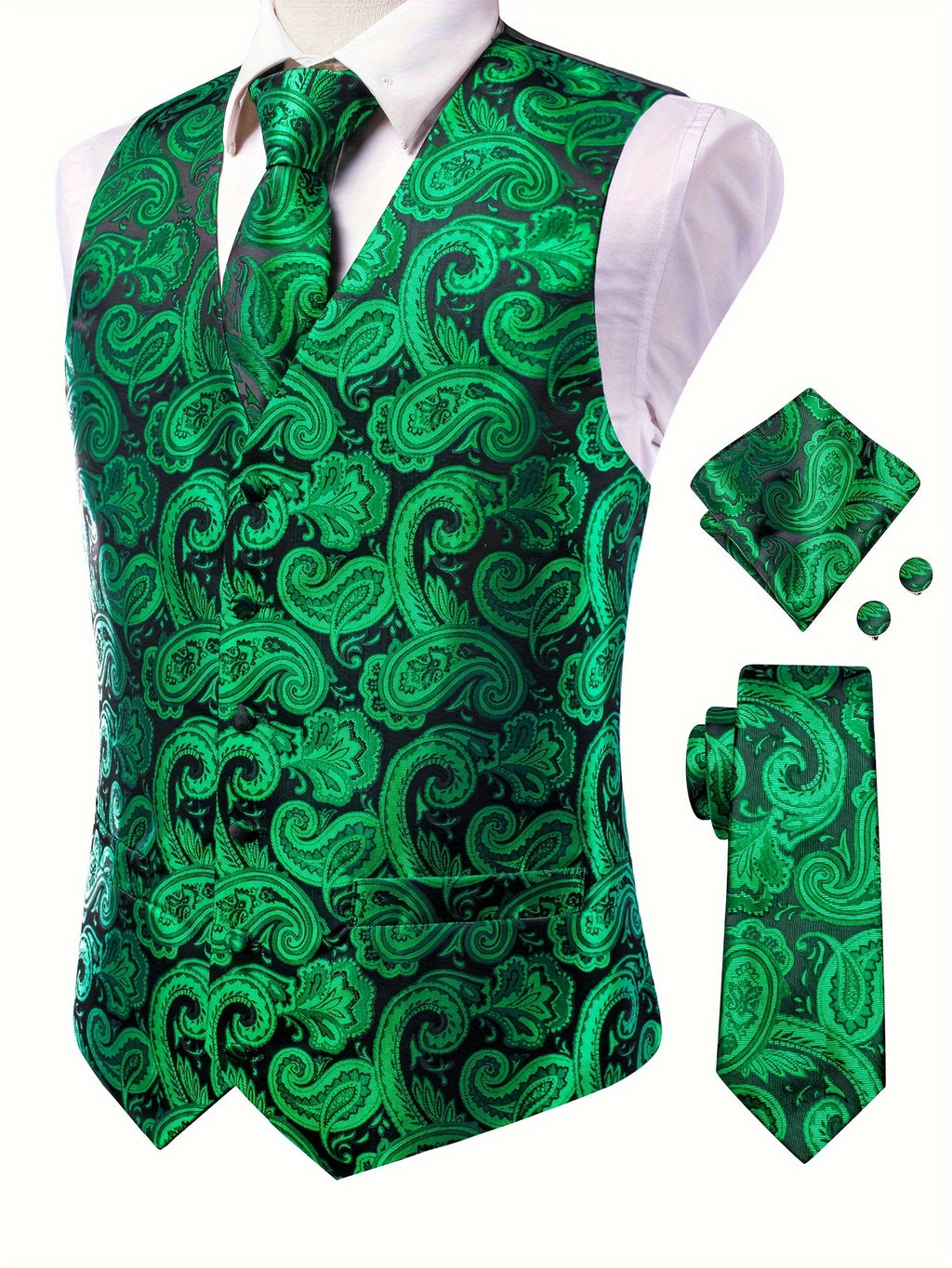 Gilet élégant en jacquard cachemire pour homme avec cravate + mouchoir + boutons de manchette pour mariage\u002Foccasions spéciales