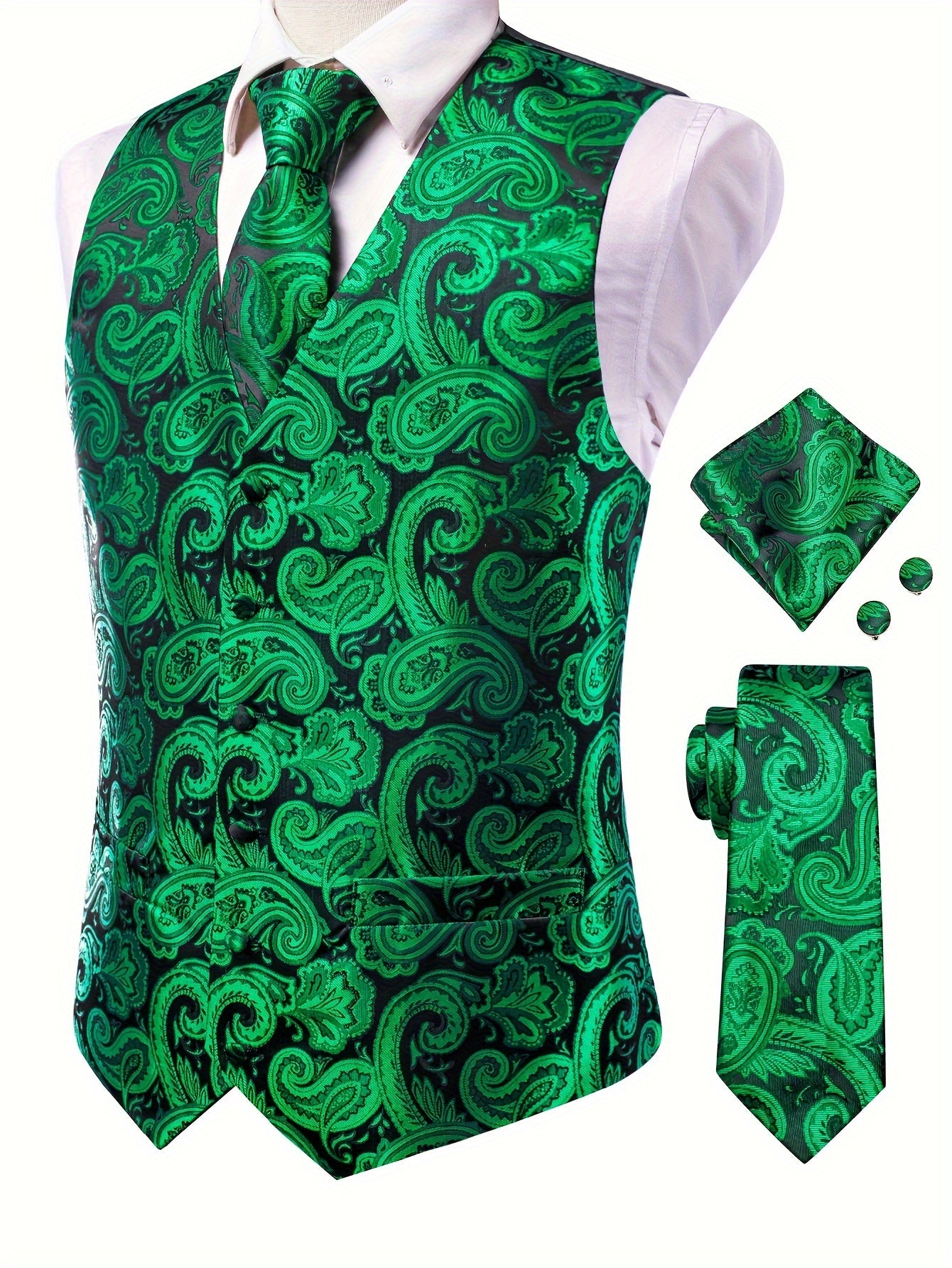 Gilet élégant en jacquard cachemire pour homme avec cravate + mouchoir + boutons de manchette pour mariage\u002Foccasions spéciales