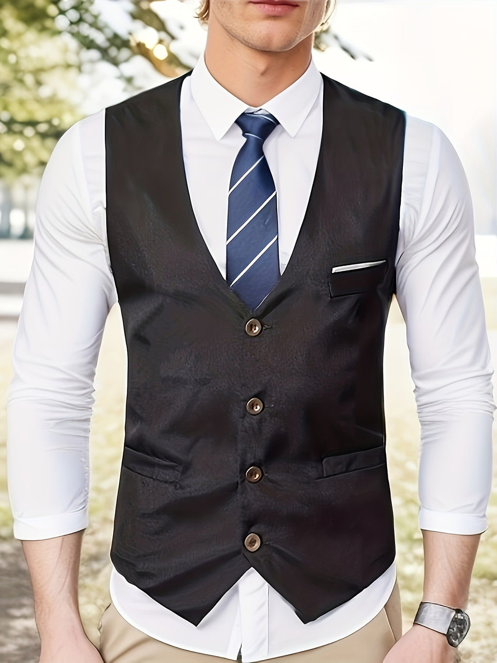 Gilet de Costume à Col en V, Style Rétro Décontracté pour Homme, Gilet Cintré Uni à Simple Boutonnage pour Tenue de Soirée
