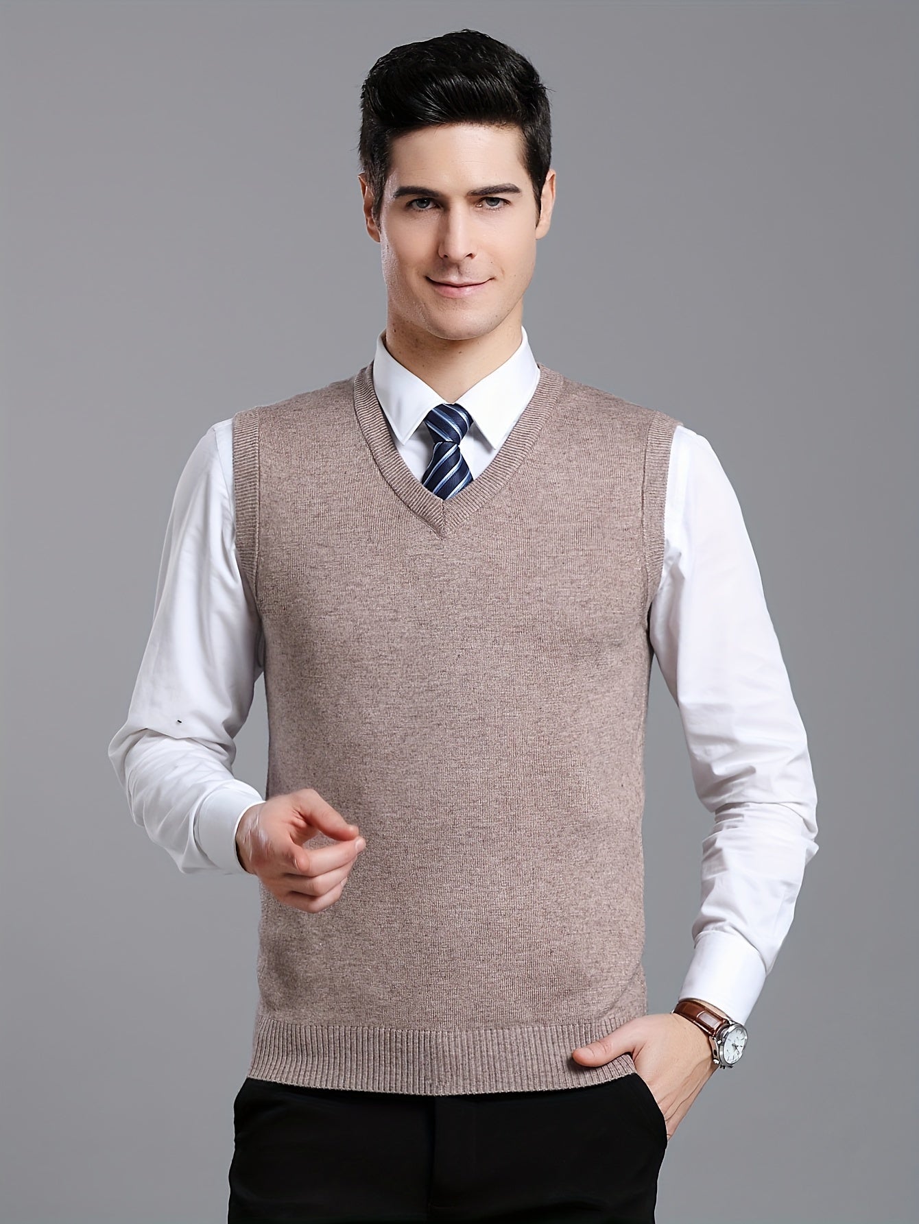 Gilet Homme Sans Manches en Laine Stretch - Texture Côtelée Élégante, Tricot Chaud pour Tenue Décontractée et Golf, Anniversaire - Noir