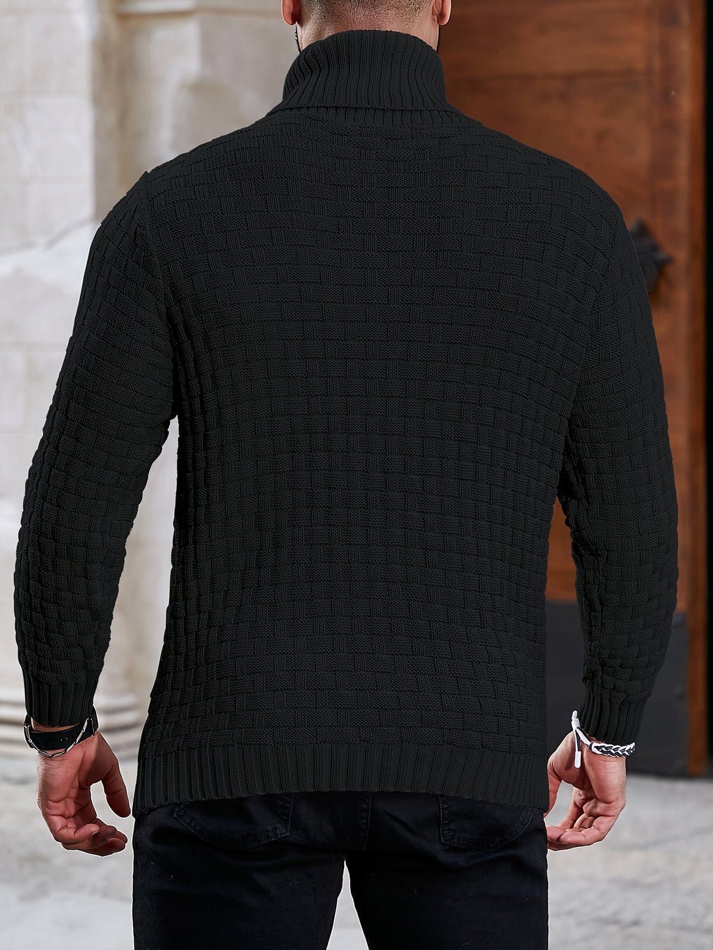 Pull col roulé uni en coton gaufré chaud pour homme d'affaires en déplacement