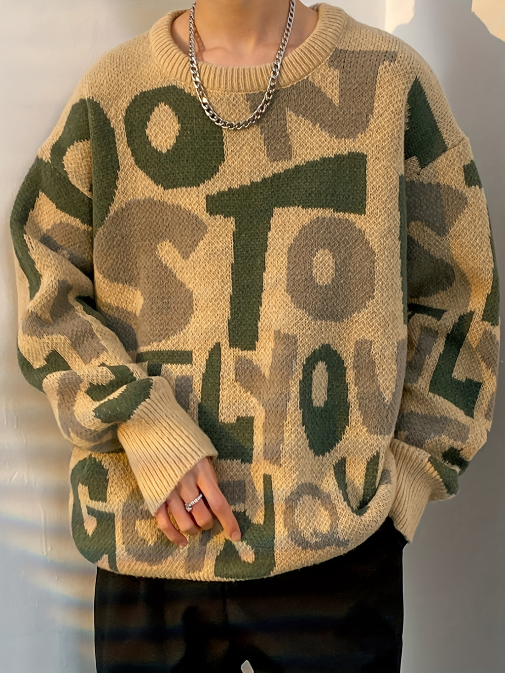 Pull en tricot à lettres imprimées pour hommes de grande taille, tendance printemps automne K-pop