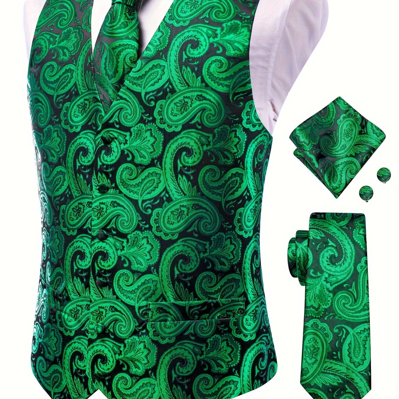 Gilet élégant en jacquard cachemire pour homme avec cravate + mouchoir + boutons de manchette pour mariage\u002Foccasions spéciales