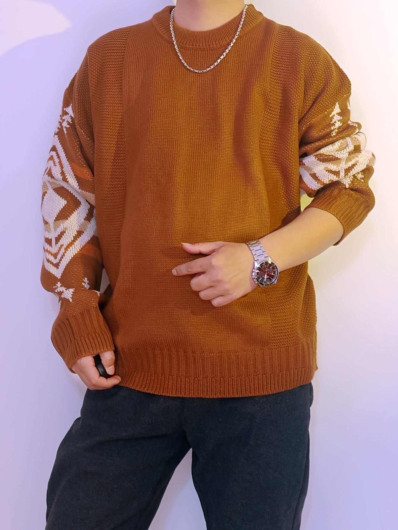 Pull YOUYUCHEN pour Hommes Grande Taille à Motif Géométrique en Tricot - Pull Décontracté Doux et Extensible, Coupe Relâchée avec Col Rond Manches Longues Confort Toutes Saisons, Matière Douce et Confortable, GRANDE TAILLE