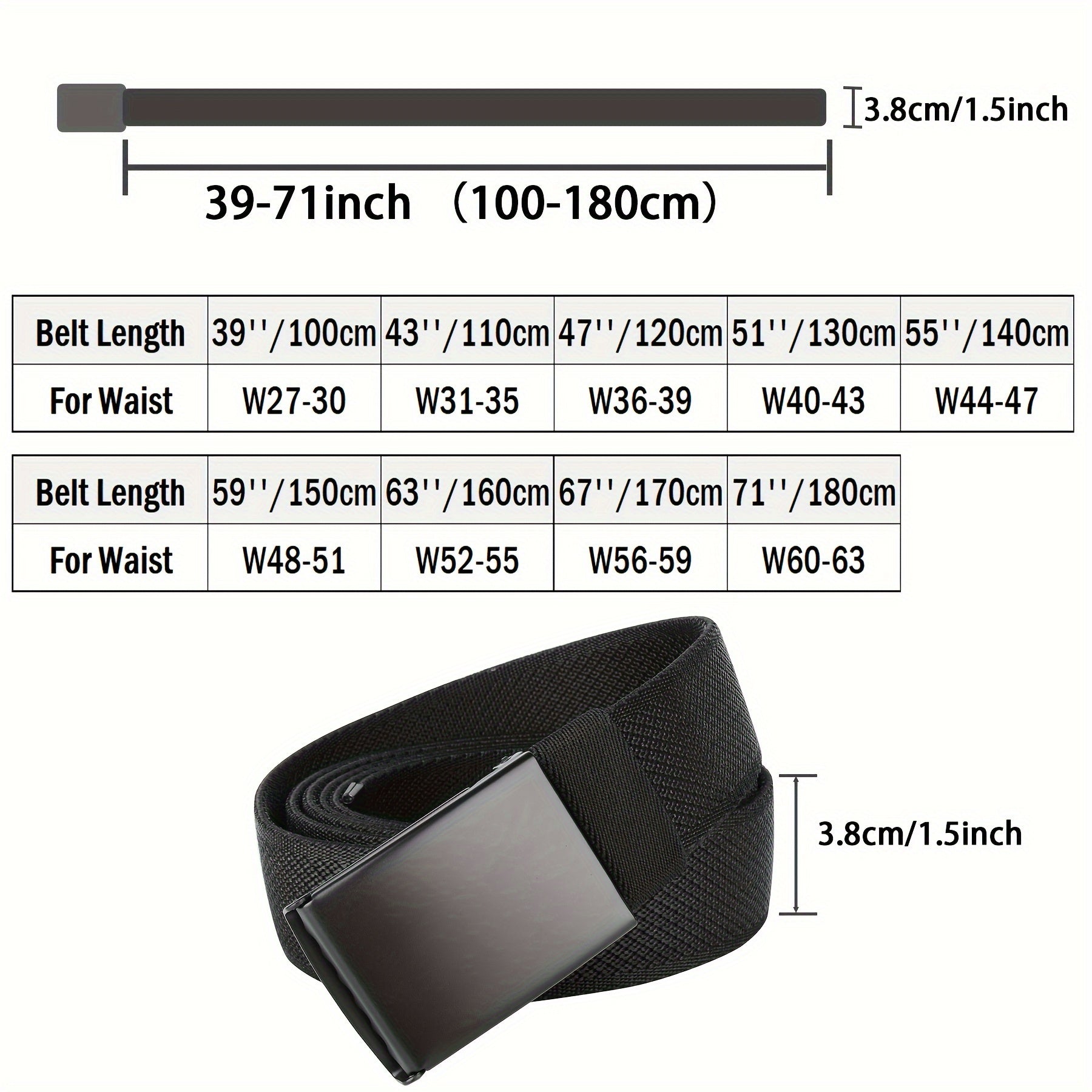 Ceinture en Nylon Extensible Confort pour Hommes Grande Taille - Noire, Réglable jusqu'à 75 Pouces pour les Grands et Forts