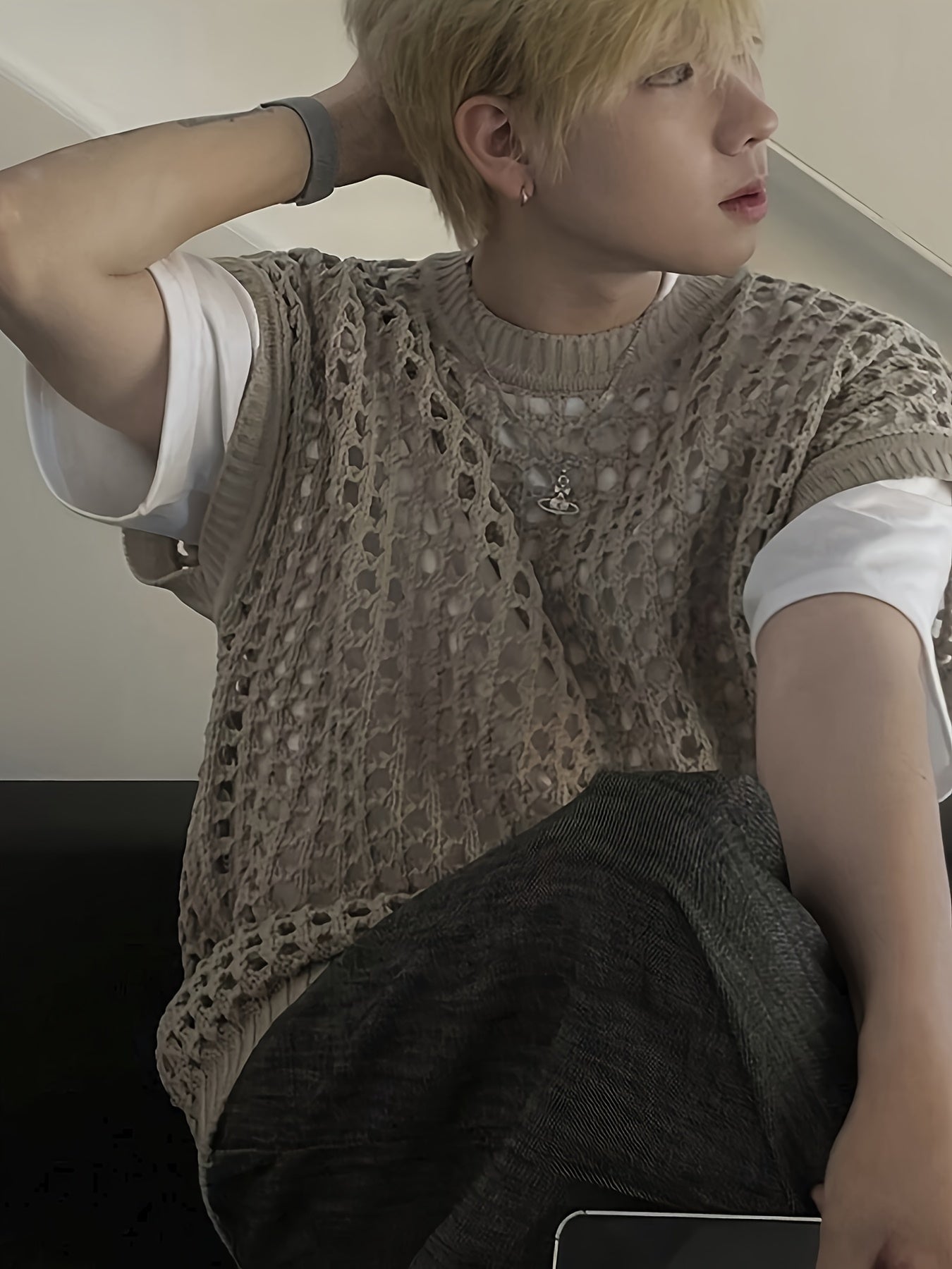 Débardeur homme en viscose ajourée, col rond sans manches - Couleur unie pour look décontracté, extérieur et streetwear - Printemps\u002FÉté\u002FAutomne