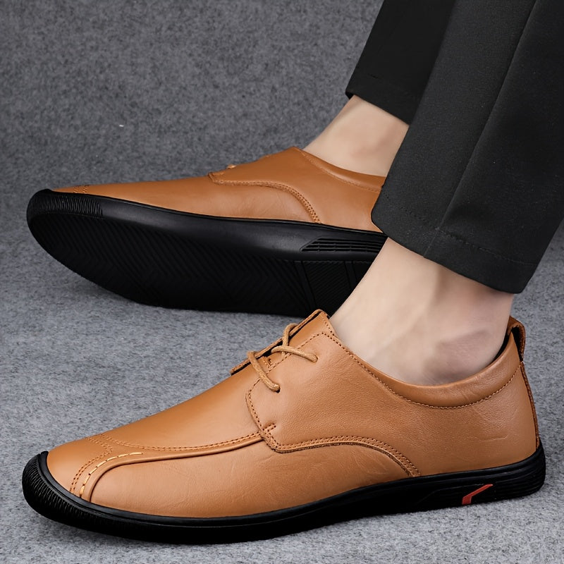 LUOQIRUI Men's Genuine Leather Casual Shoes - British Style Lace-Up Low-Top Oxfords with Soft Rubber Sole, Breathable & Durable for Business Casual & Casual Attire, Tan, Comfortable Footwear | Classic Shoe Design | Smooth Texture Finish
