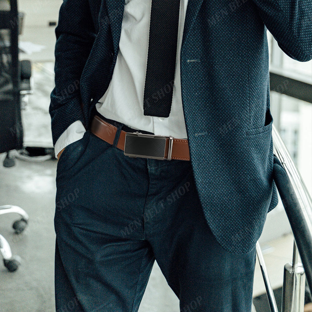 2pcs Ceintures en Cuir de Qualité Supérieure pour Hommes - Longueur Réglable, Durable avec Boucle Automatique, Finition Texturée - Idéales pour le Port Affaires & Décontracté en Noir, Marron Foncé & Fibre de Carbone Noire, Ceinture en Cuir