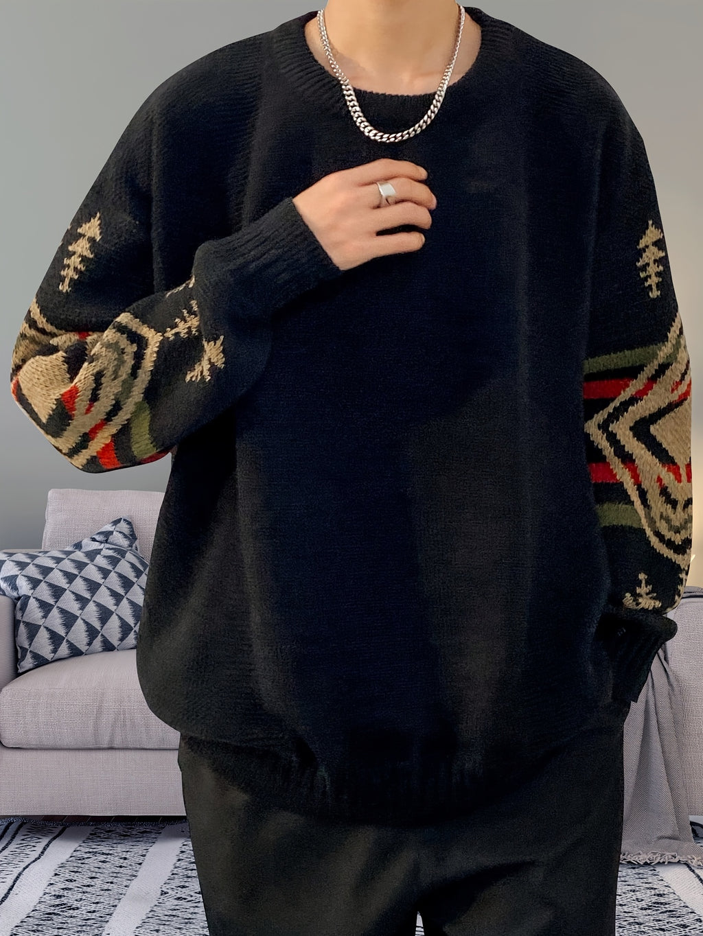 Pull YOUYUCHEN pour Hommes Grande Taille à Motif Géométrique en Tricot - Pull Décontracté Doux et Extensible, Coupe Relâchée avec Col Rond Manches Longues Confort Toutes Saisons, Matière Douce et Confortable, GRANDE TAILLE