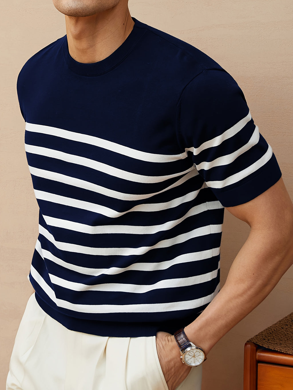 Pull Rétro à Rayures pour Homme - Noir et Blanc, Col Rond Coupe Standard, Confort Moyen Élasticité, Lavage à la Main Uniquement, Vêtement de Style Nautique, Texture Douce