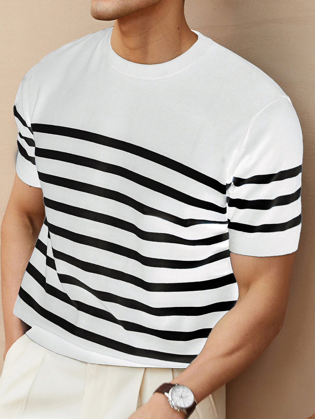 Pull Rétro à Rayures pour Homme - Noir et Blanc, Col Rond Coupe Standard, Confort Moyen Élasticité, Lavage à la Main Uniquement, Vêtement de Style Nautique, Texture Douce