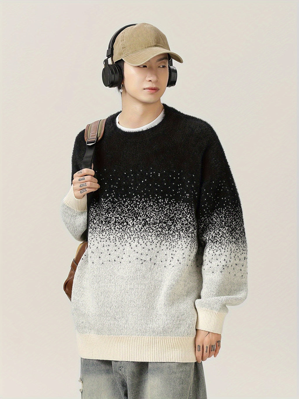 Pull à col rond dégradé casual pour homme - Tissu tricoté 100% polyester avec légère élasticité, modèle décontracté pour l'automne\u002Fhiver - Chaleureux style de rue japonais gradient