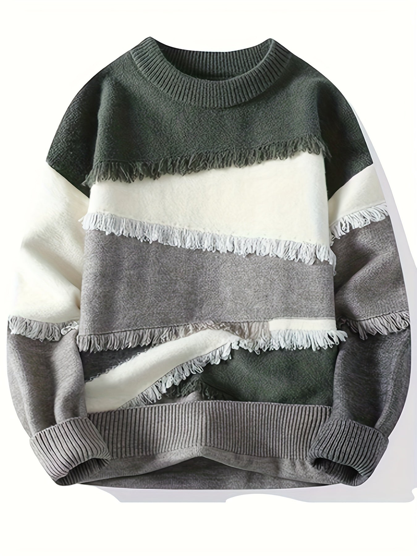 Pullover tricoté effiloché à blocs de couleurs pour hommes, pull décontracté à col rond à manches longues et haute élasticité pour l'automne et l'hiver