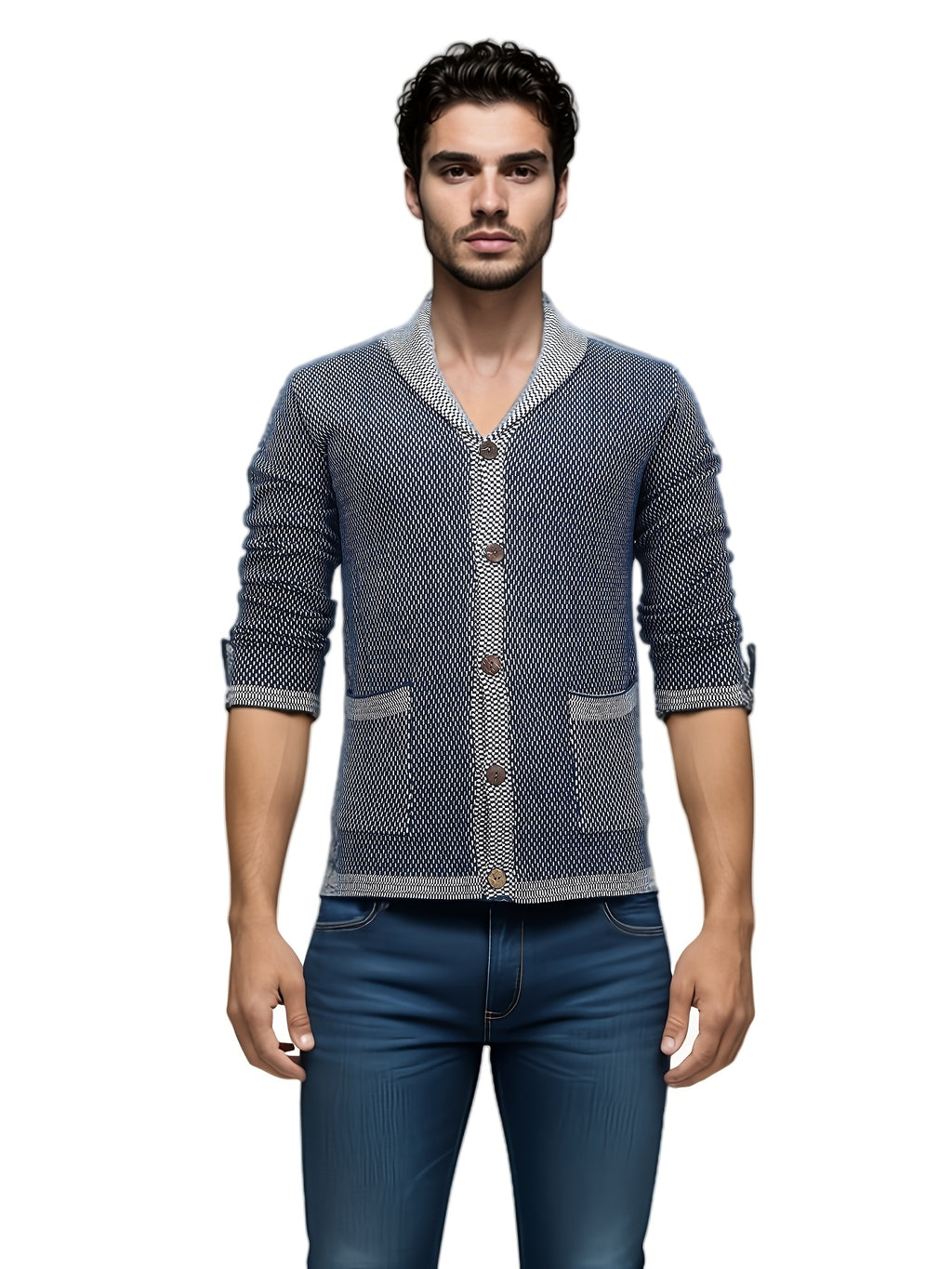 1pc Cardigan Jacquard Décontracté pour Homme - Pull à Capuche et Col en Polyester avec Poches 3D, Couleur Unie, Extensible Moyen, Coupe Régulière pour Automne\u002FHiver, Grande Taille